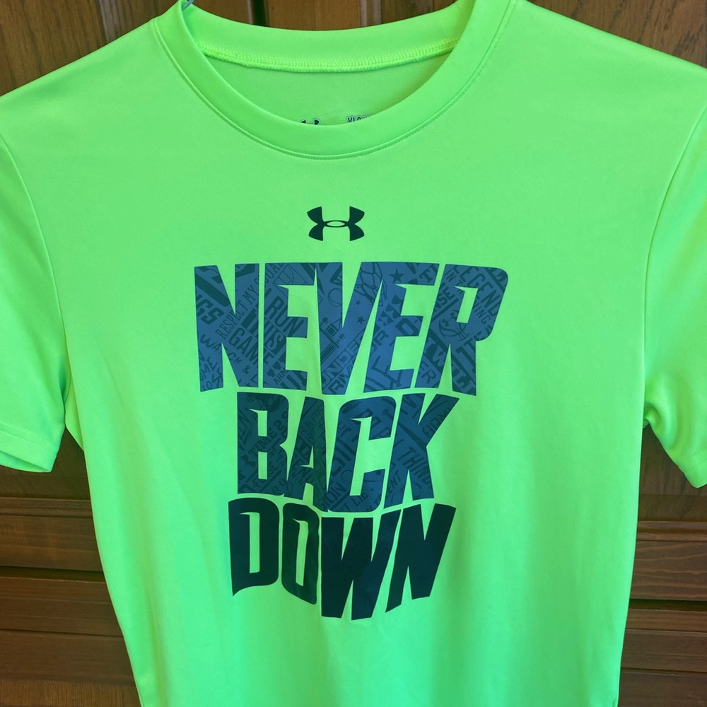 Under Armour lime green T shirt.  YLG